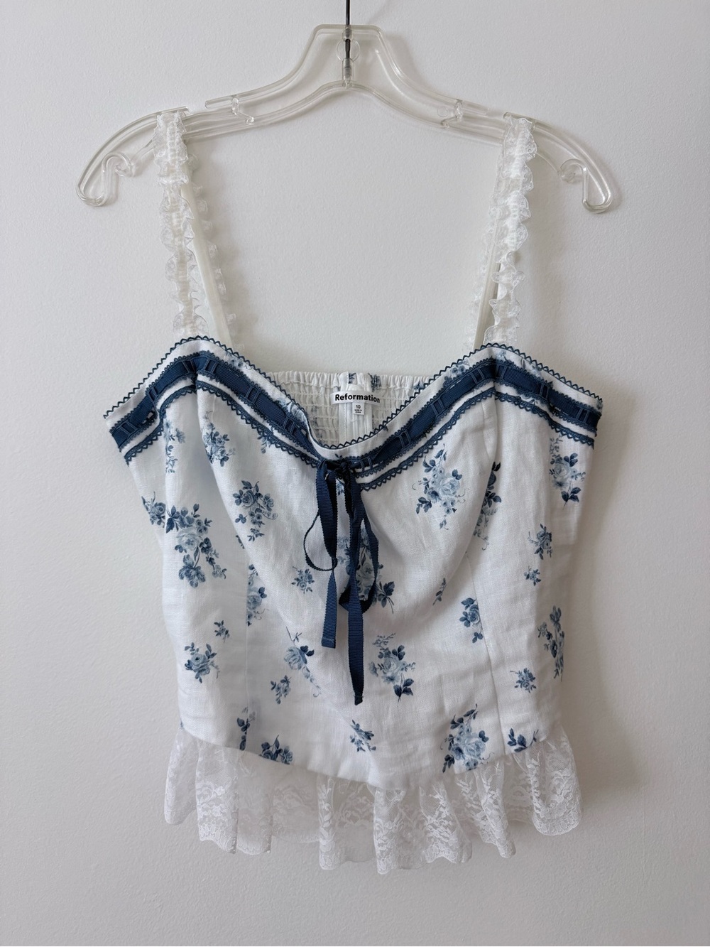 Reformation White Camisole Top with Blue Floral Print and Lace Trim